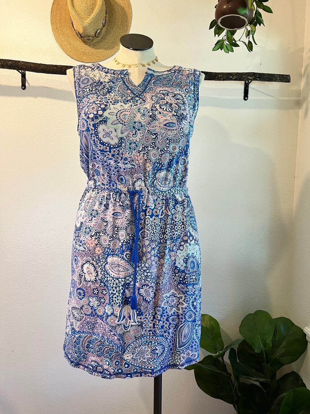 Talbots Summer Blue Pink Print Sleeveless Tassel Waist Tie Mini Dress Size Large